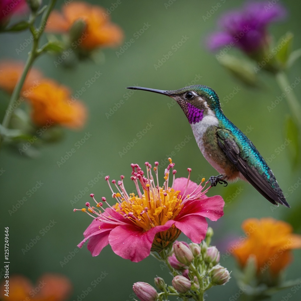 Fototapeta premium A colorful hummingbird drinking nectar from a flower.