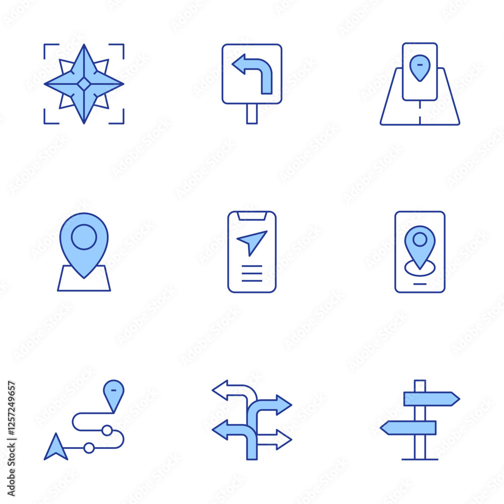 Navigation icons set. Line Duotone style, editable stroke. turn left, turn, navigation, ar, direction, gps, placeholder, route, wind rose Navigation icons set. Line Duotone style, editable stroke. turn left, turn, navigation, ar, direction, gps, placeholder, route, wind rose