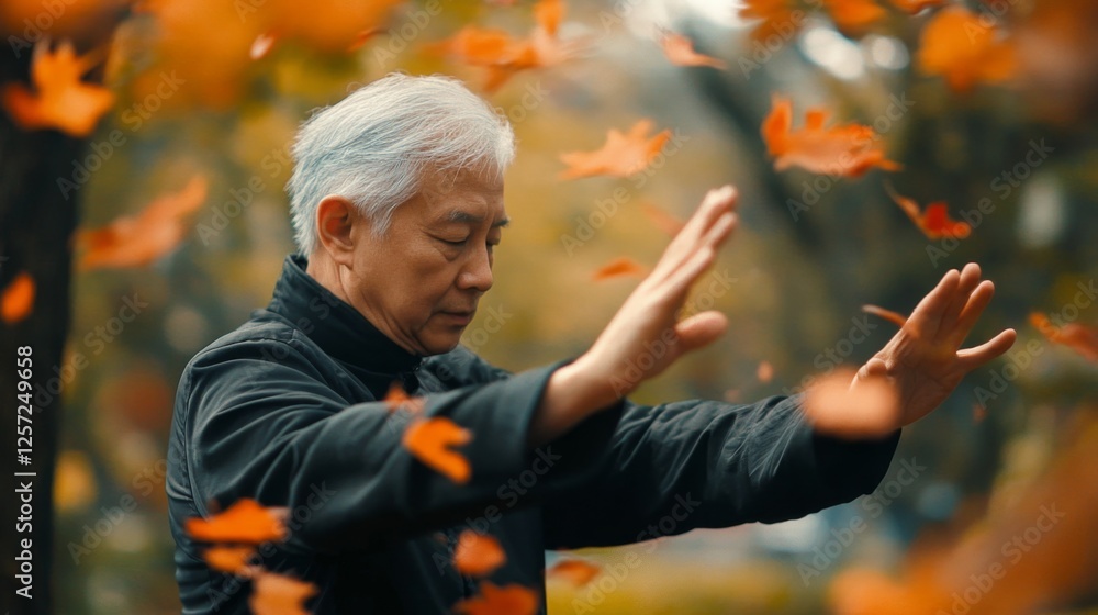 Obraz premium Person Practicing Tai Chi Outdoors Among Colorful Autumn Leaves