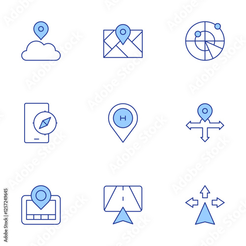 Navigation icons set. Line Duotone style, editable stroke. hospital, map, navigator, direction, radar, directions, cloud, compass, gps navigator