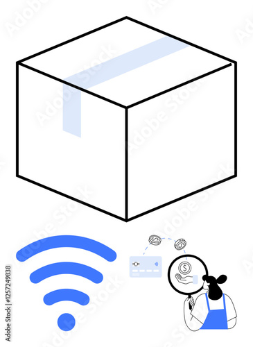Large package box with a wireless symbol below, woman inspecting a financial statement with magnifying glass. Ideal for e-commerce, delivery services, online transactions, financial management