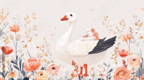 112.Whimsical goose illustrations with quirky expressions and cute clothing, surrounded by delicate floral arrangements, perfect for baby prints and nursery decor.