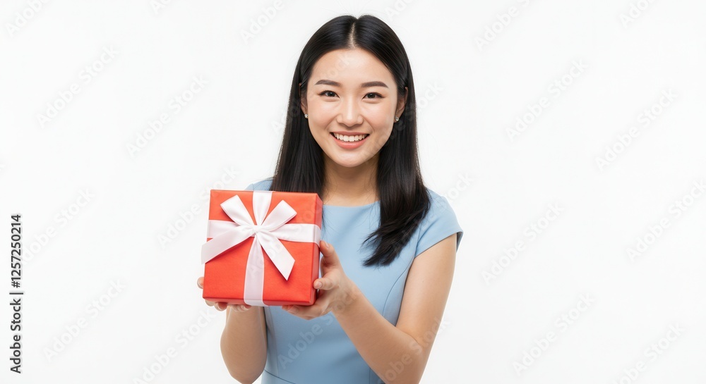 Portrait of a happy pretty woman holding giving red present box gift with white ribbon bow while standing and looking at camera isolated over white background Portrait of a happy pretty woman holding giving red present box gift with white ribbon bow while standing and looking at camera isolated over white background