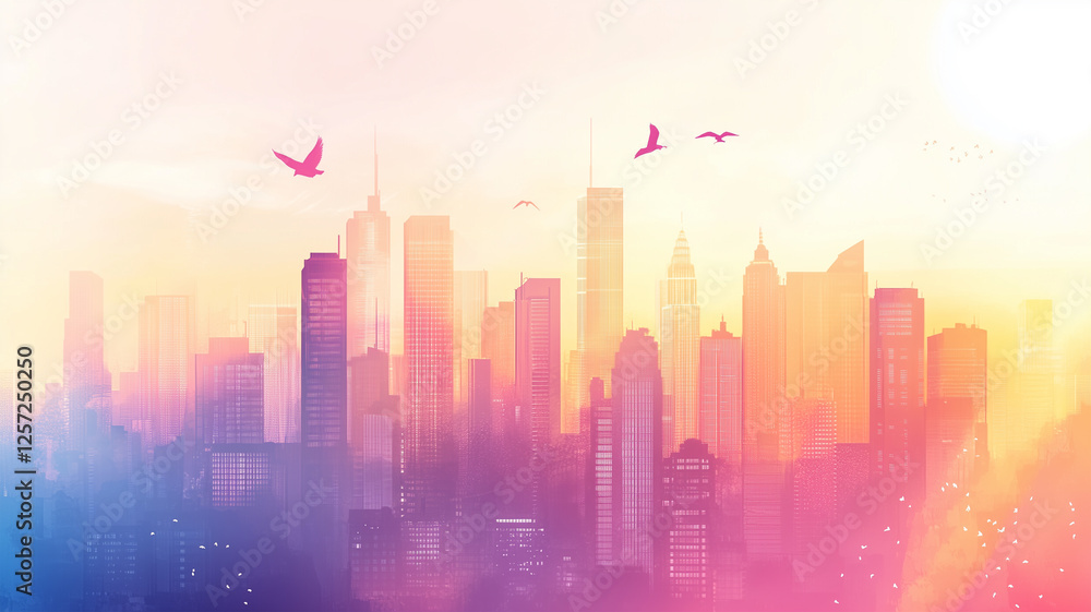 カラフルな都市のスカイラインイラスト カラフルな都市のスカイラインイラスト