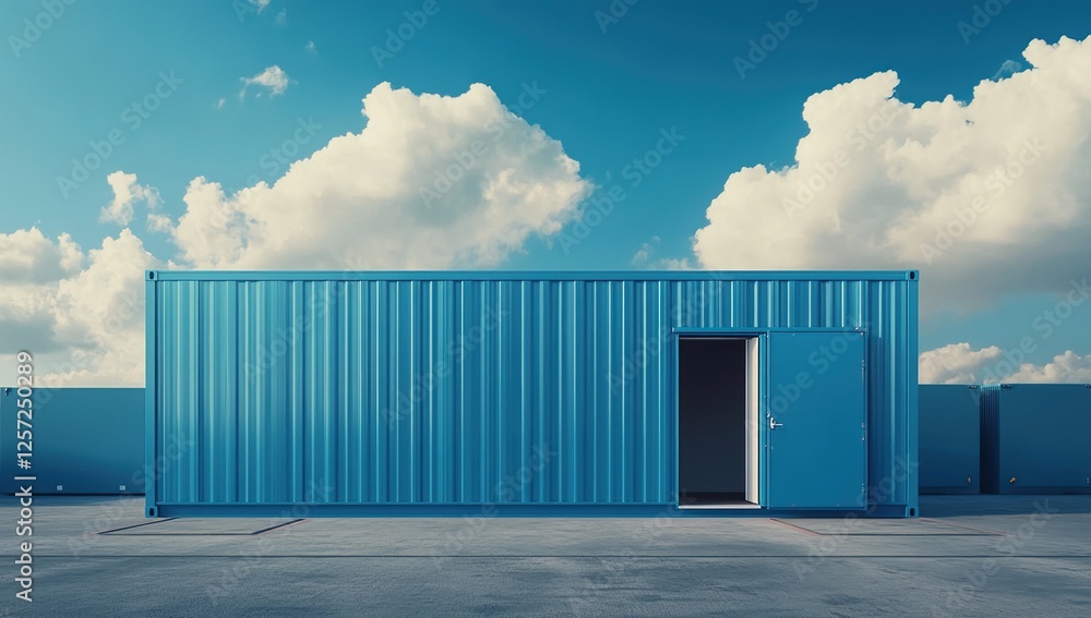 Fototapeta premium Open Blue Shipping Container Under a Cloudy Sky: Exploring Versatile Cargo Storage Solutions and Modern Architectural Designs