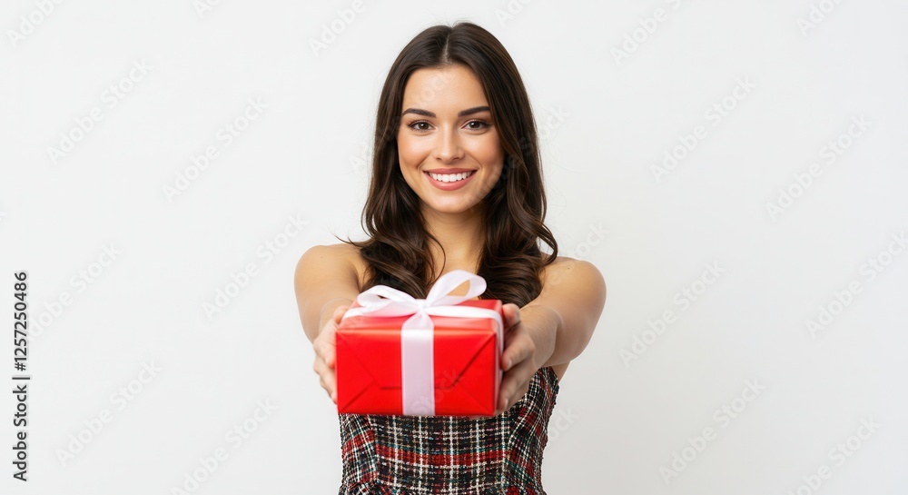 Portrait of a happy pretty woman holding giving red present box gift with white ribbon bow while standing and looking at camera isolated over white background Portrait of a happy pretty woman holding giving red present box gift with white ribbon bow while standing and looking at camera isolated over white background