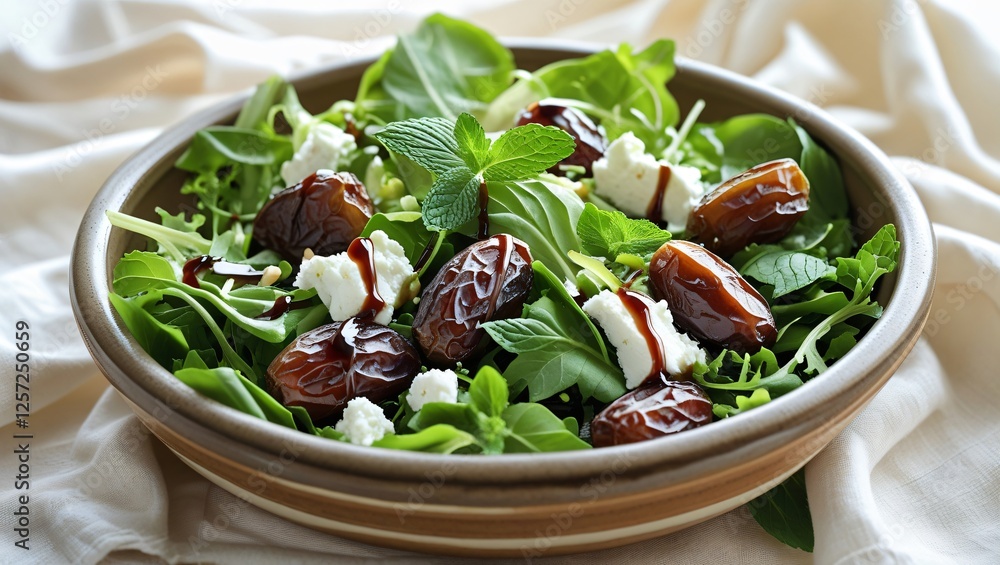 A fresh salad of mixed greens, dates, goat cheese, and balsamic vinaigrette, garnished with mint, sits in an earthy bowl against a creamy linen backdrop, glowing in warm natural light. A fresh salad of mixed greens, dates, goat cheese, and balsamic vinaigrette, garnished with mint, sits in an earthy bowl against a creamy linen backdrop, glowing in warm natural light.