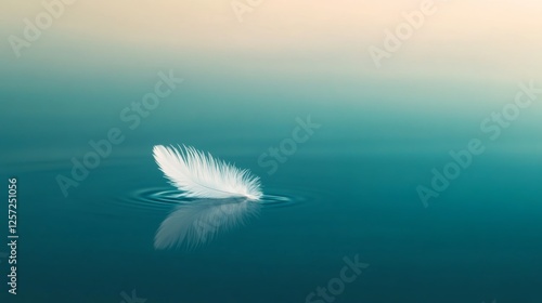 A delicate white feather rests on calm water, surrounded by soft ripples. The surface reflects a soothing gradient of turquoise and sky blue hues during dawn