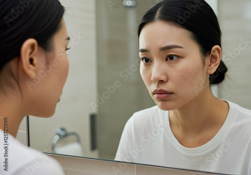 Close-up of a concerned woman looking in the mirror and worrying about her skin condition