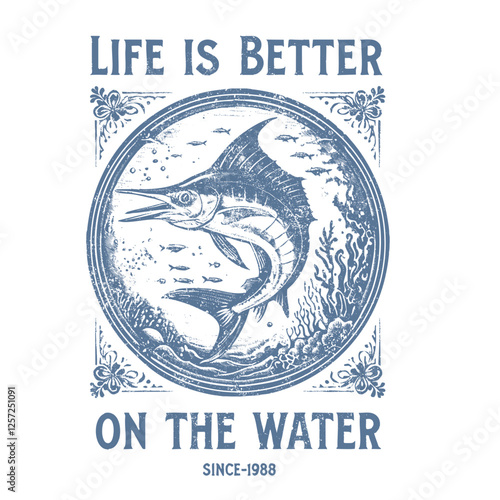 marlin, sailfish, swordfish isolated vector illustration with text slogan for fish logo design. fit for fishing club logo, sticker or clothes design