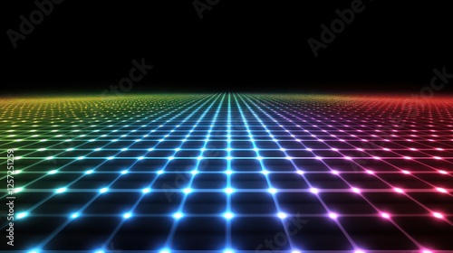 Colorful glowing grid recedes into a dark infinite background photo