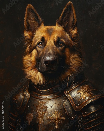 Baroque pet portrait with royal costume concept. Armored German Shepherd dog in a majestic portrait style photo