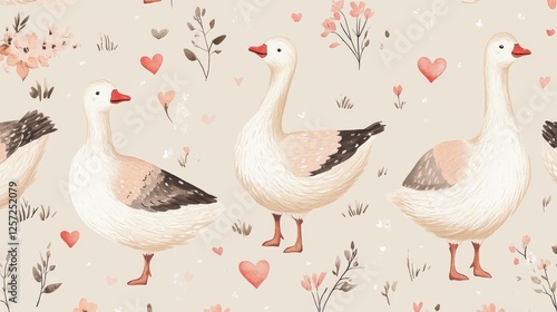 48.A repeating design of charming hand-drawn geese in different playful poses, accented by small hearts and floral elements, on a muted pastel backdrop.