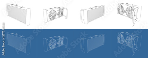 Car Engine Cooling System Radiator Intercooler with Dual Fan Line Drawing