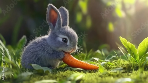 An adorable little bunny rabbit happily gnaws on a carrot