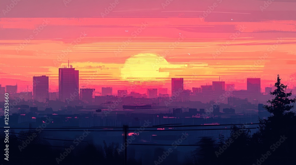 Fototapeta premium Cityscape silhouette against a vibrant sunset sky backdrop