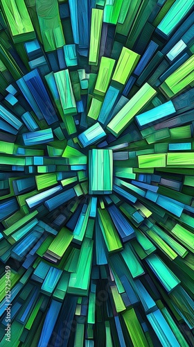 Abstract Rectangular Shapes Radiating in Teal, Blue, and Green