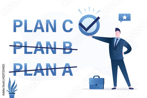 Confident businessman checking list, plan C. Male leader present Plan C. Alternative solution or business strategy plan to have secondary for emergency case, fallback option.