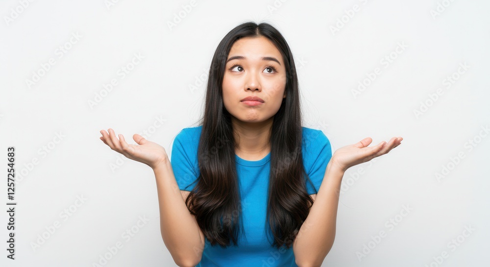 Portrait of questioned indecisive woman girl student with and throwing hands aside with clueless isolated over white color background Portrait of questioned indecisive woman girl student with and throwing hands aside with clueless isolated over white color background
