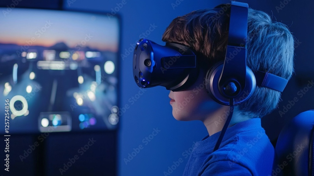 Young boy enjoying immersive virtual reality experience with headset and gaming monitor in low light environment Young boy enjoying immersive virtual reality experience with headset and gaming monitor in low light environment