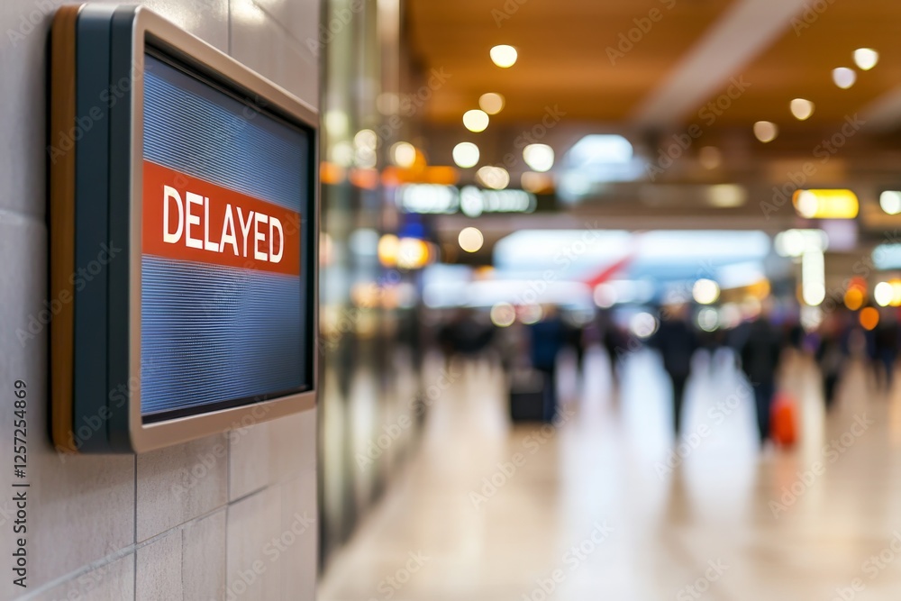 Close-up view of a flight information board displaying a bold delayed status in red, with a busy airport terminal softly blurred behind it Close-up view of a flight information board displaying a bold delayed status in red, with a busy airport terminal softly blurred behind it