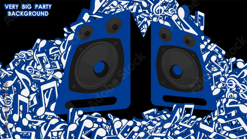 Huge music speakers with low frequency and bass generator stand on pile of musical notes. Notes piled up in big heap. Vector banner for advertising of music party, disco or artistic concert