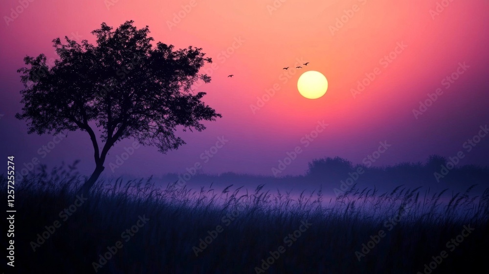 Fototapeta premium Early Morning Calm Atmosphere with Dark Hues and Rising Sun