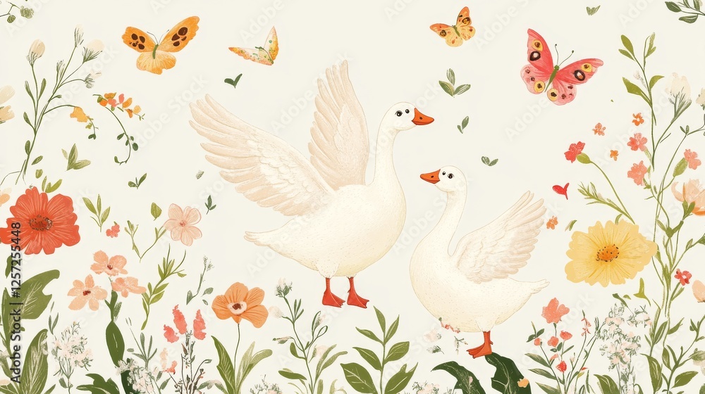 16.A whimsical spring-themed illustration of cartoon geese interacting with blooming flowers, fluttering butterflies, and sprouting leaves, arranged in a repeating design. 16.A whimsical spring-themed illustration of cartoon geese interacting with blooming flowers, fluttering butterflies, and sprouting leaves, arranged in a repeating design.
