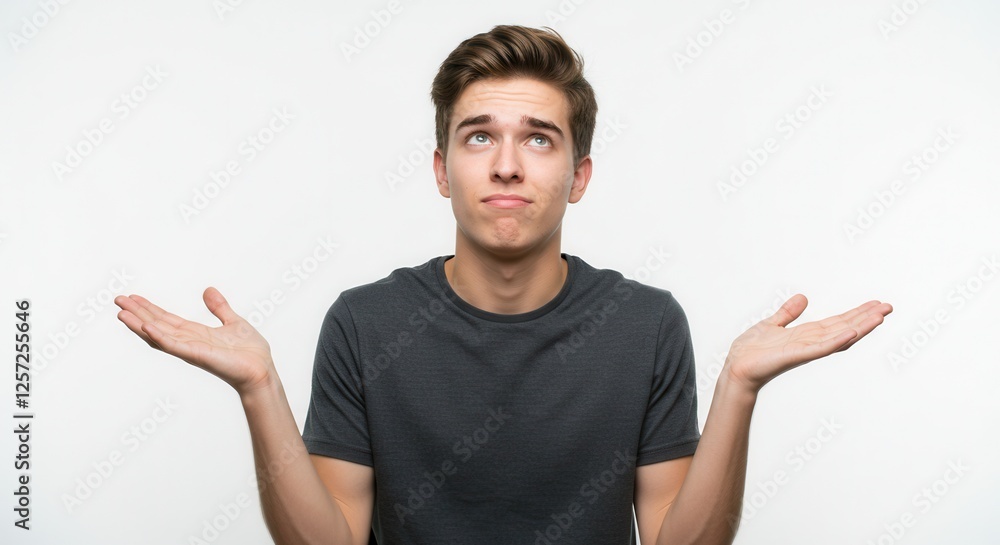 Portrait of questioned indecisive man guy student with and throwing hands aside with clueless isolated over white color background Portrait of questioned indecisive man guy student with and throwing hands aside with clueless isolated over white color background