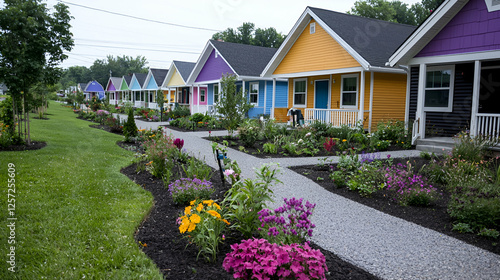 Colorful houses, community garden, suburban street