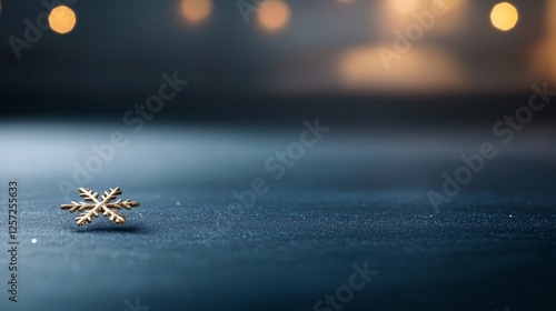 A finely detailed gold snowflake rests on a matte dark blue surface, featuring soft highlights that enhance its luxurious and festive charm, with ample copy space photo