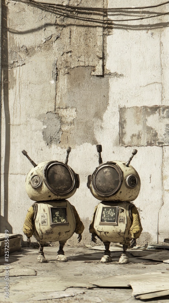 Two rusty robots stand in a decaying urban alley Two rusty robots stand in a decaying urban alley
