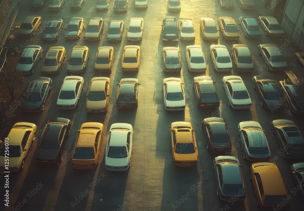 Obraz premium Parking lot filled with cars, aerial view, sunrise, city