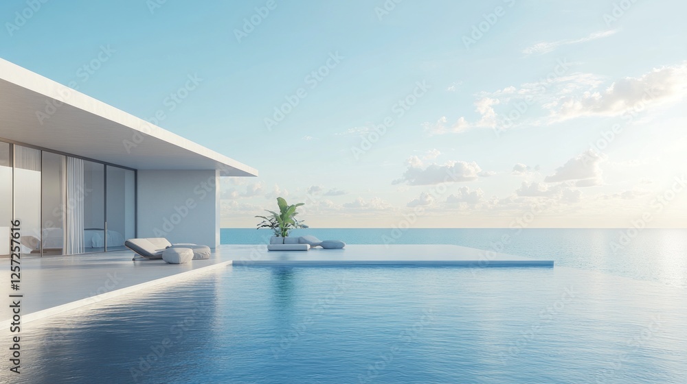 Obraz premium Minimalist oceanfront home with infinity pool showcasing luxurious design