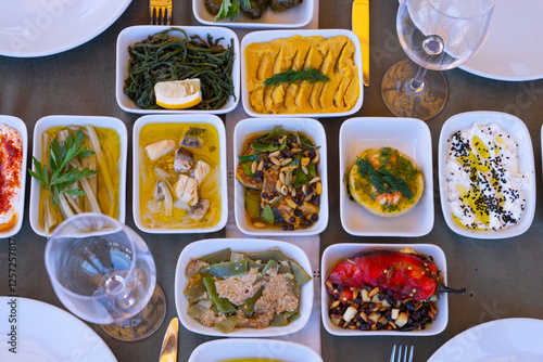 Fototapeta Naklejka Na Ścianę i Meble -  Traditional Turkish Appetizers and Sea Dishes Photo, Bodrum City Mugla, Turkiye (Turkey)