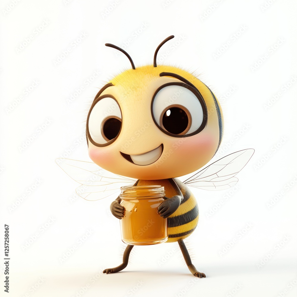 Cute bee holding honey jar, cartoon character, studio shot Cute bee holding honey jar, cartoon character, studio shot