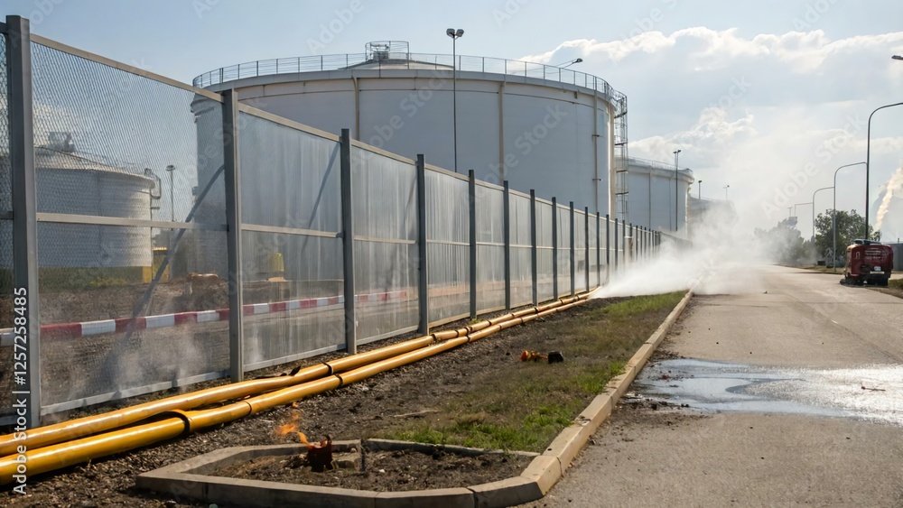 Obraz premium Industrial Storage Tanks with Pipe Layout and Security Fence