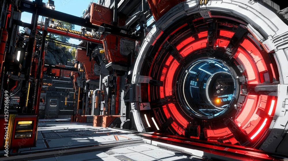 Obraz premium Futuristic Sci-Fi Corridor with Glowing Portal and High-Tech Environment Elements