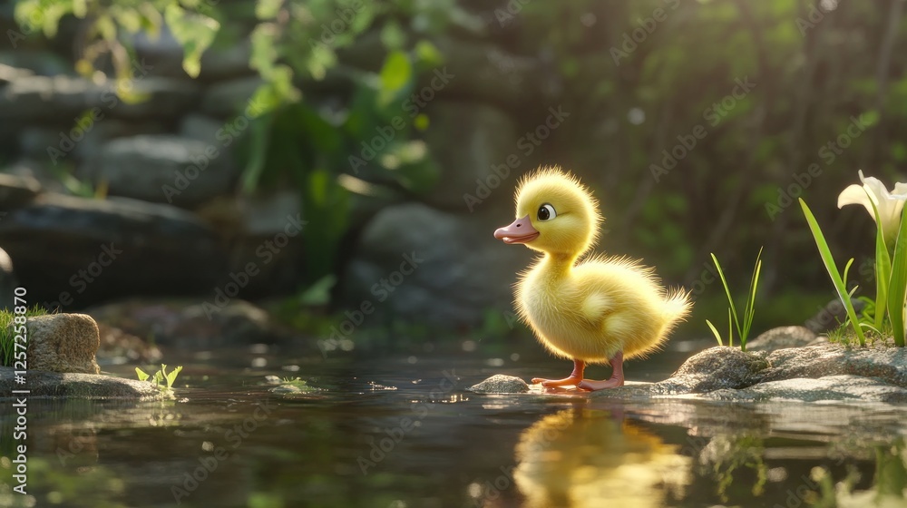 Cute yellow duckling stands near a pond in nature Cute yellow duckling stands near a pond in nature