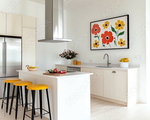 Minimalist Living with Bold Flaral Arts Modern kitchen with vibrant decor and appliances. photo