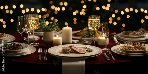 Fine Dining Table Setting with Gourmet Dishes and Floral Centerpiece