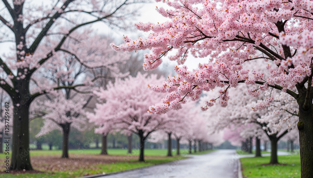 Cherry blossom trees in gentle rain, tranquil park atmosphere Cherry blossom trees in gentle rain, tranquil park atmosphere