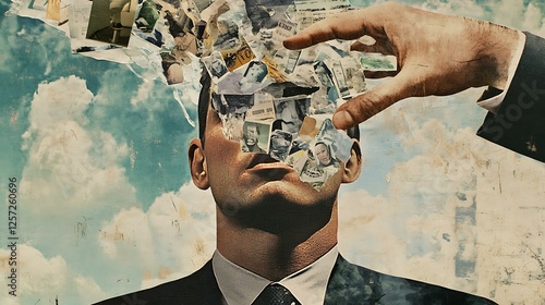 Contemporary art collage depicting a hand pouring misinformation into a man's head, representing the impact of media