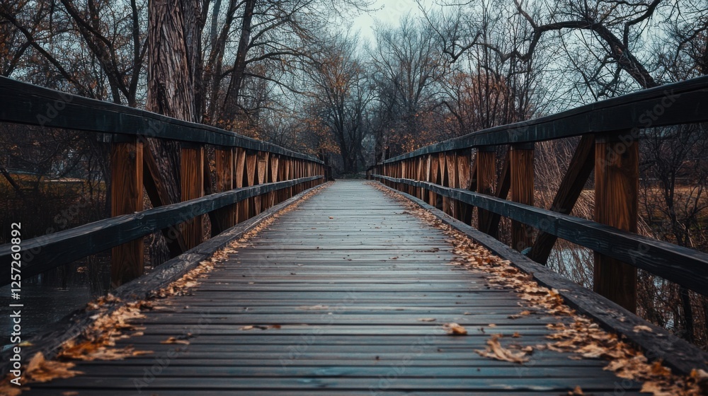 Fototapeta premium Wooden Footbridge in Autumn with Bare Trees and Fallen Leaves
