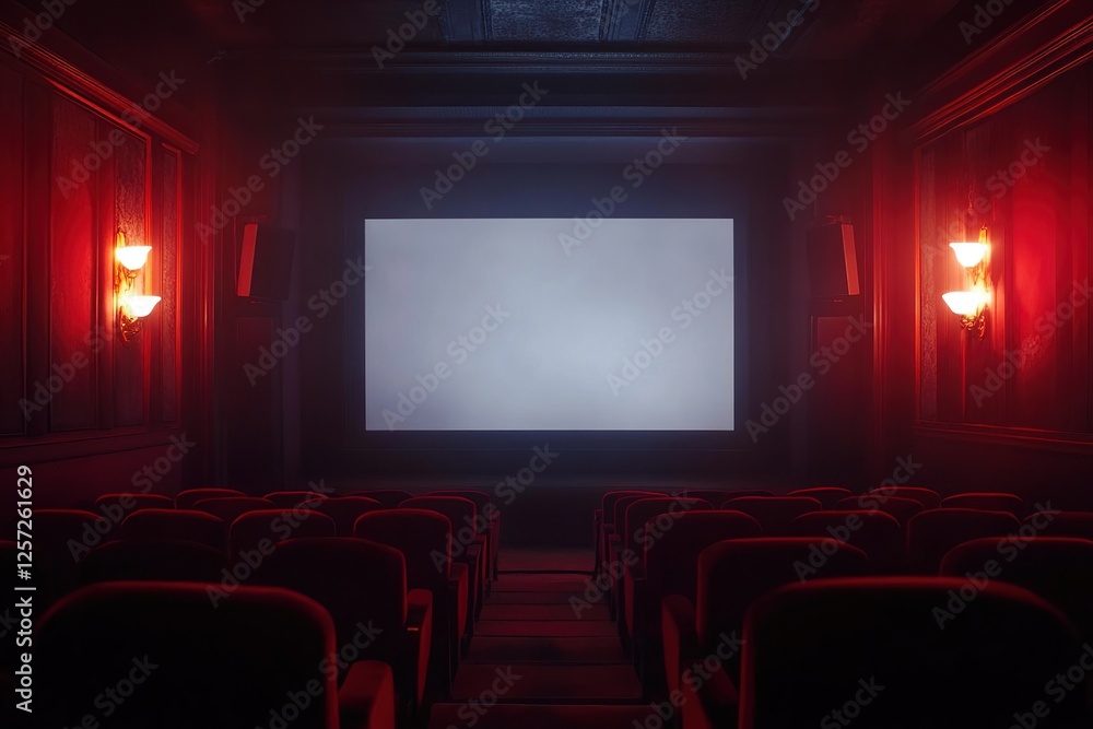 Empty Cinema Theater: Red Seats, Screen, and Dim Lighting Await the Audience Empty Cinema Theater: Red Seats, Screen, and Dim Lighting Await the Audience