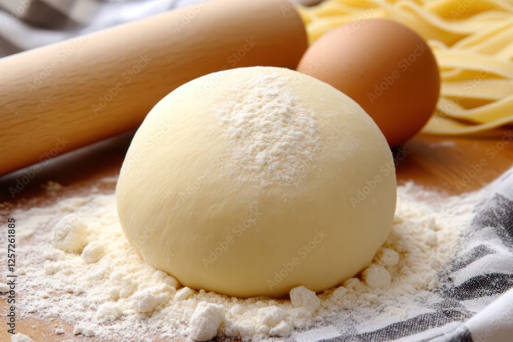 Fresh Dough Surrounded by Flour, Egg, and Rolling Pin on Wooden Surface Fresh Dough Surrounded by Flour, Egg, and Rolling Pin on Wooden Surface