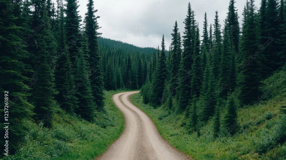 Fototapeta premium A winding dirt road meanders through tall evergreen trees, inviting exploration in a serene forest landscape.