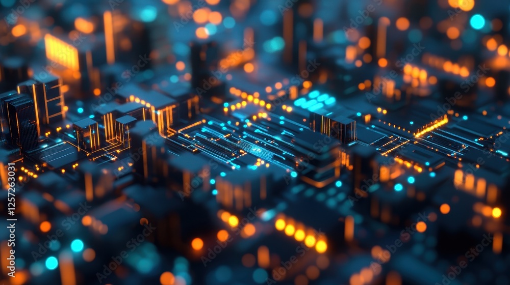 Abstract view of a vibrant and illuminated circuit board showcasing technological advancement and digital innovation. Abstract view of a vibrant and illuminated circuit board showcasing technological advancement and digital innovation.