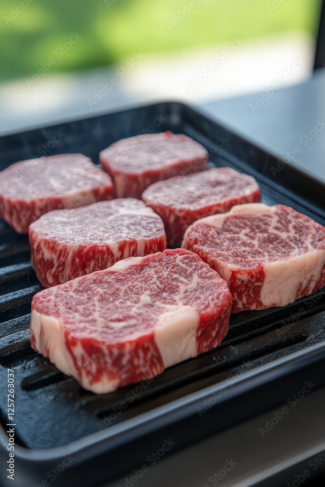 Fototapeta premium Fresh Raw Wagyu Beef Steaks on a Griddle Cooking Surface