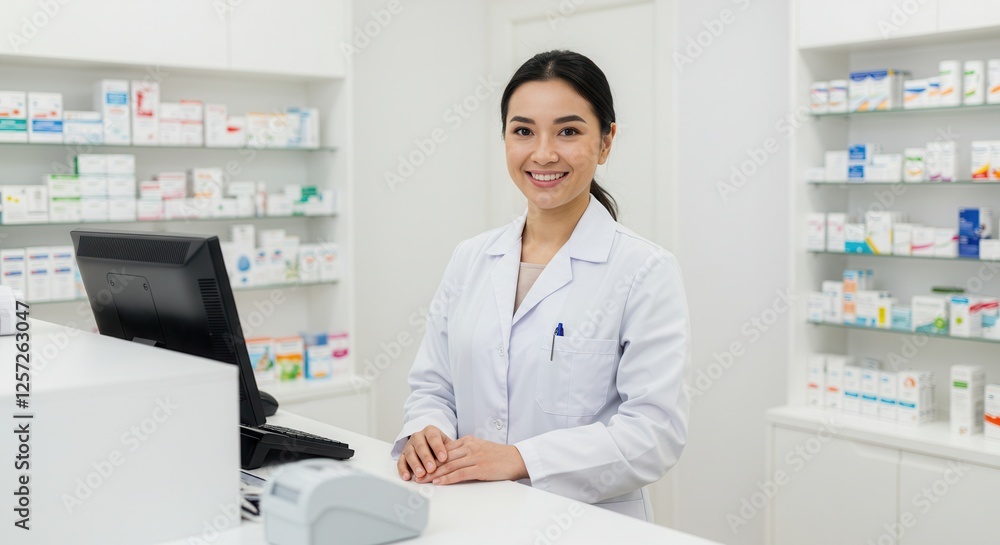 Smiling successful female chemists pharmacists druggists in white medical coats standing at the cash point desk looking at camera in pharmacy drugstore Smiling successful female chemists pharmacists druggists in white medical coats standing at the cash point desk looking at camera in pharmacy drugstore